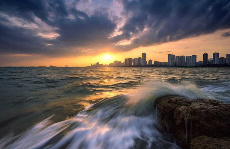 夕阳下的天空与城市与近岸海峡延时摄影,高清,摄影图,摄影图片,图片大全,摄影图免费下载